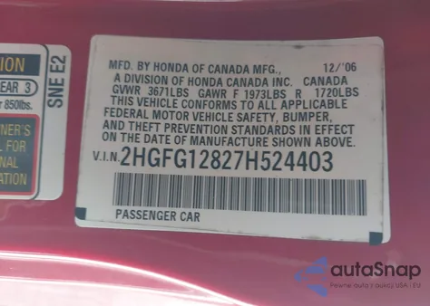 2007 Honda Civic Ex z USA, uszkodzony, nr VIN 2HGFG12827H524403